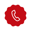 Piros telefonkagyló fehér háttéren, kerek jelvényben