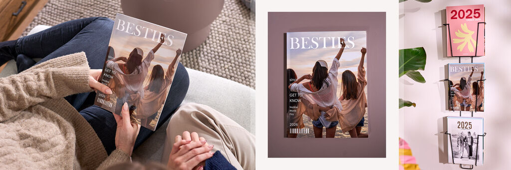 Három képből álló kollázs: az elsőn két ember ül a kanapén, és egy „besties” feliratú magazint nézegetnek, melynek a címlapja is három nőt ábrázol; a másodikon ugyanez a magazin látható egy asztalon; a harmadikon pedig három fotókönyv látható egy falra szerelt magazintartóban.
