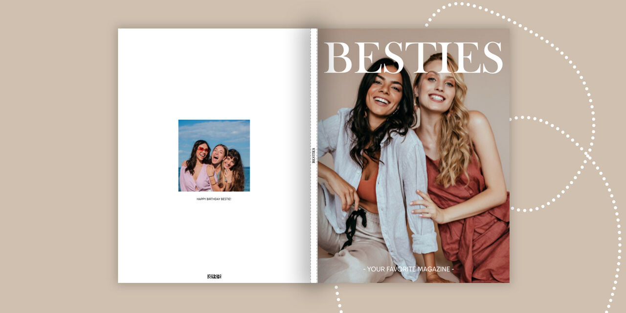 Egy divatmagazint idéző fotókönyv, amelynek bézs hátterű címlapján két barátnő fotója és a „BESTIES” cím látható.